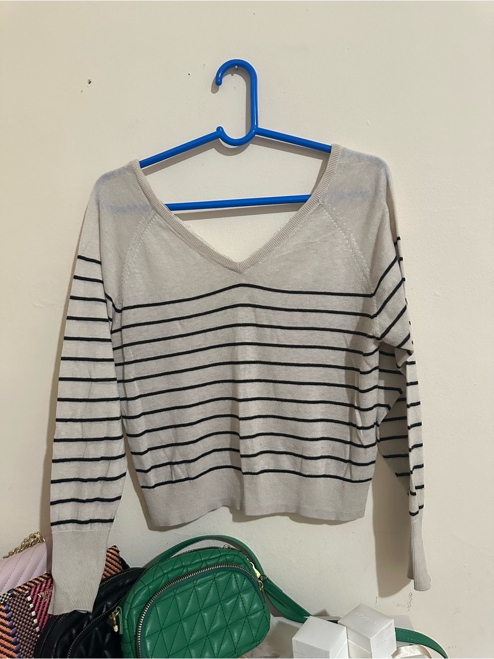 Zara Cream V-Neck Sweater with Black Stripes